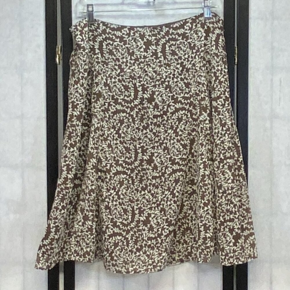 Vintage Mark Eisen Vine Print Sheer Pleat Yoked Skirt Brown Beige 12 Lined
